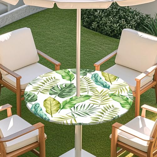Fasbuy Rund Tischdecke mit Loch Zipper, Abwaschbar Lotuseffekt Tischdecken, Tropische Pflanzen Tischdecke Outdoor wetterfest, Elastisch Rund Gartentischdecke, Table Cloth für Garten (Blätter,M) von Fasbuy