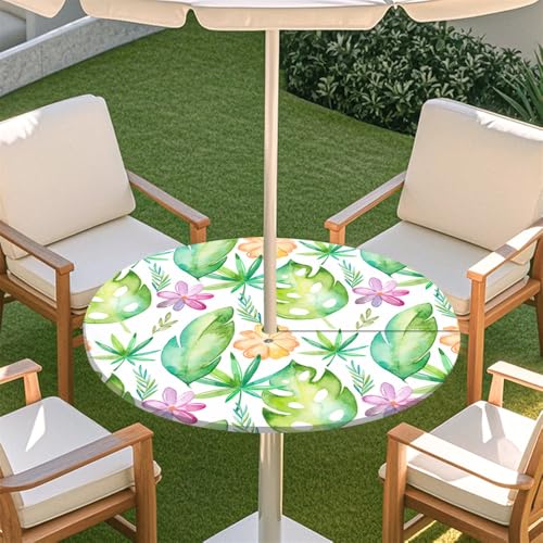 Fasbuy Rund Tischdecke mit Loch Zipper, Abwaschbar Lotuseffekt Tischdecken, Tropische Pflanzen Tischdecke Outdoor wetterfest, Elastisch Rund Gartentischdecke, Table Cloth für Garten (Blumen,M) von Fasbuy