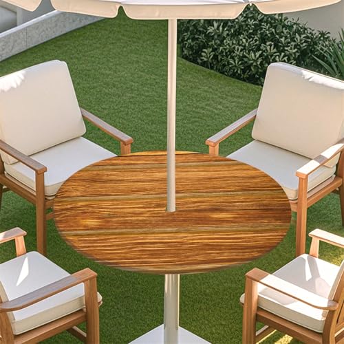 Fasbuy Rund Tischdecke mit Loch Zipper, Holzpaneel-Stil Abwaschbar Lotuseffekt Tischdecken, Outdoor Tischdecke, Elastisch Rund Gartentischdecke, Table Cloth für Garten, Parteien (Kamel,S:79-89cm) von Fasbuy