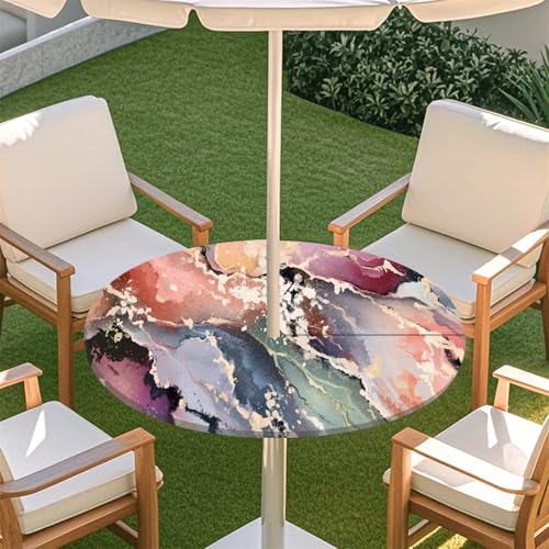 Fasbuy Rund Tischdecke mit Loch Zipper,Nordischer Marmor Abwaschbar Lotuseffekt Tischdecken,Outdoor Tischdecke,Elastisch Rund Gartentischdecke Table Cloth für Garten,Parteien (Rot,L:114-137cm) von Fasbuy