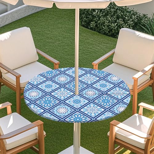 Fasbuy Rund Tischdecke mit Schirmloch und Reißverschluss, Wasserdicht Tischdecken,Tischdecke Abwaschbar,Elastischer Rand Gartentischdecke, Mandala-Stil Outdoor Table Cloth (Blau,79-89cm) von Fasbuy