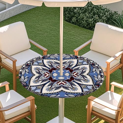 Fasbuy Rund Tischdecke mit Schirmloch und Reißverschluss, Wasserdicht Tischdecken,Tischdecke Abwaschbar,Elastischer Rand Gartentischdecke, Mandala-Stil Outdoor Table Cloth (Blau-Weiß,91-112cm) von Fasbuy