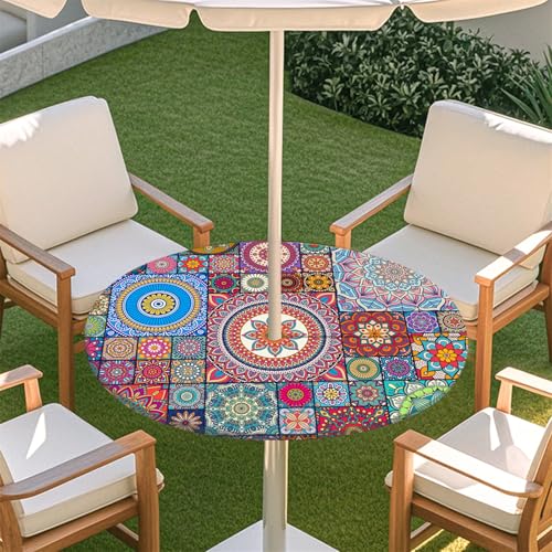 Fasbuy Rund Tischdecke mit Schirmloch und Reißverschluss, Wasserdicht Tischdecken,Tischdecke Abwaschbar,Elastischer Rand Gartentischdecke, Mandala-Stil Outdoor Table Cloth (Bunt,79-89cm) von Fasbuy