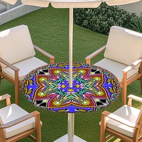 Fasbuy Rund Tischdecke mit Schirmloch und Reißverschluss, Wasserdicht Tischdecken,Tischdecke Abwaschbar,Elastischer Rand Gartentischdecke, Mandala-Stil Outdoor Table Cloth (Dunkelblau,91-112cm) von Fasbuy