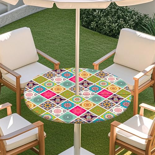 Fasbuy Rund Tischdecke mit Schirmloch und Reißverschluss, Wasserdicht Tischdecken,Tischdecke Abwaschbar,Elastischer Rand Gartentischdecke, Mandala-Stil Outdoor Table Cloth (Grün,79-89cm) von Fasbuy