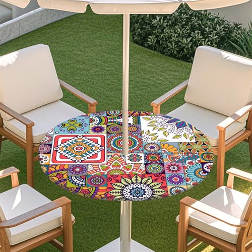 Fasbuy Rund Tischdecke mit Schirmloch und Reißverschluss, Wasserdicht Tischdecken,Tischdecke Abwaschbar,Elastischer Rand Gartentischdecke, Mandala-Stil Outdoor Table Cloth (Mandala,91-112cm) von Fasbuy
