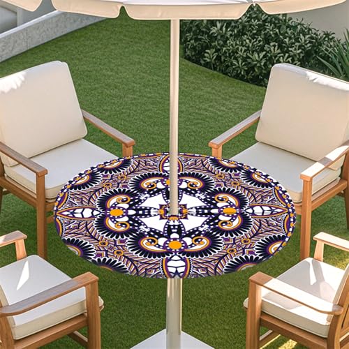 Fasbuy Rund Tischdecke mit Schirmloch und Reißverschluss, Wasserdicht Tischdecken,Tischdecke Abwaschbar,Elastischer Rand Gartentischdecke, Mandala-Stil Outdoor Table Cloth (Marineblau,79-89cm) von Fasbuy