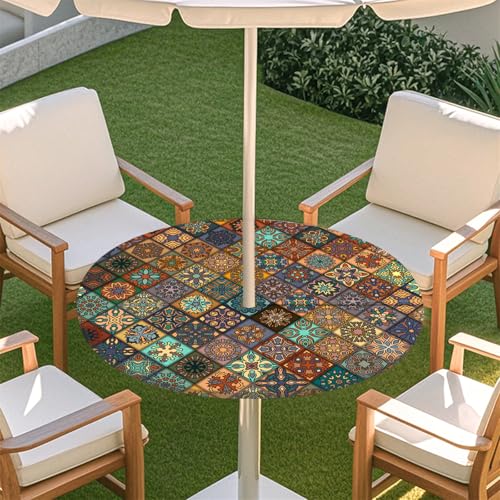 Fasbuy Rund Tischdecke mit Schirmloch und Reißverschluss, Wasserdicht Tischdecken,Tischdecke Abwaschbar,Elastischer Rand Gartentischdecke, Mandala-Stil Outdoor Table Cloth (Retro,79-89cm) von Fasbuy
