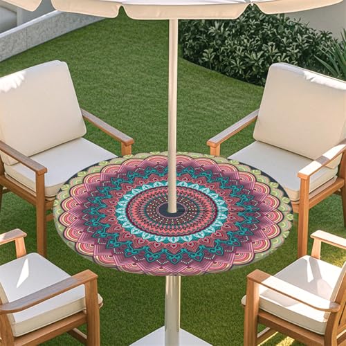 Fasbuy Rund Tischdecke mit Schirmloch und Reißverschluss, Wasserdicht Tischdecken,Tischdecke Abwaschbar,Elastischer Rand Gartentischdecke, Mandala-Stil Outdoor Table Cloth (Rosa,79-89cm) von Fasbuy