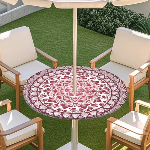 Fasbuy Rund Tischdecke mit Schirmloch und Reißverschluss, Wasserdicht Tischdecken,Tischdecke Abwaschbar,Elastischer Rand Gartentischdecke, Mandala-Stil Outdoor Table Cloth (Rosa,91-112cm) von Fasbuy