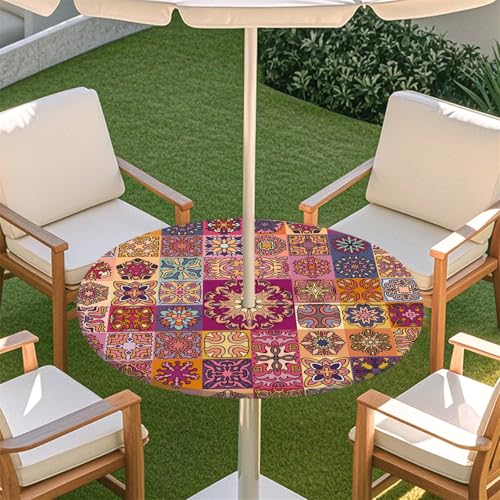 Fasbuy Rund Tischdecke mit Schirmloch und Reißverschluss, Wasserdicht Tischdecken,Tischdecke Abwaschbar,Elastischer Rand Gartentischdecke, Mandala-Stil Outdoor Table Cloth (Rosenrot,79-89cm) von Fasbuy