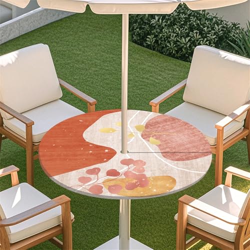 Fasbuy Rund Tischdecke mit Schirmloch und Reißverschluss, Wasserdicht Tischdecken,Tischdecke Abwaschbar,Elastischer Rand Gartentischdecke, Modern Pink Outdoor Table Cloth (Blätter,79-89cm) von Fasbuy
