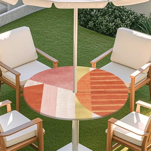 Fasbuy Rund Tischdecke mit Schirmloch und Reißverschluss, Wasserdicht Tischdecken,Tischdecke Abwaschbar,Elastischer Rand Gartentischdecke, Modern Pink Outdoor Table Cloth (Orange,114-137cm) von Fasbuy