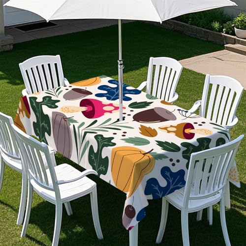 Fasbuy Skandinavischer Stil Tischdecke Abwaschbar Outdoor, Rechteckige Tischdecken mit Schirmloch und Reißverschluss, Gartentischdecke Geburtstag, Tischtuch für Terrasse, Garten (Pilz,305x152cm) von Fasbuy