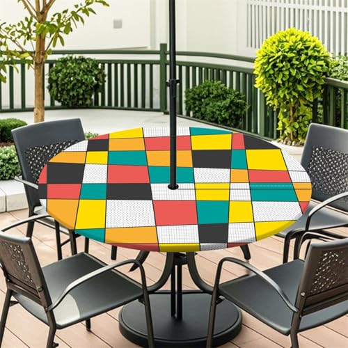 Fasbuy Süßes Plaid-Stil Rund Tischdecke mit Loch Zipper, Abwaschbar Lotuseffekt Tischdecken, Outdoor Tischdecke, Elastisch Rund Gartentischdecke, Table Cloth für Garten (Bunt,L:114-137cm) von Fasbuy