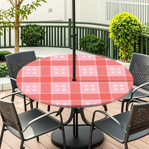 Fasbuy Süßes Plaid-Stil Rund Tischdecke mit Loch Zipper, Abwaschbar Lotuseffekt Tischdecken, Outdoor Tischdecke, Elastisch Rund Gartentischdecke, Table Cloth für Garten (Rot,S:79-89cm) von Fasbuy