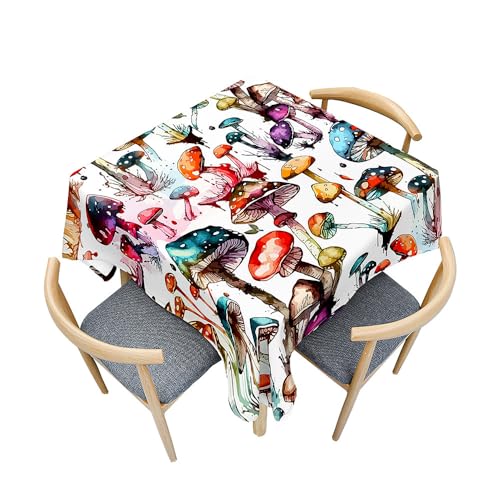 Fasbuy Tischdecke Abwaschbar, 3D-Pilze Quadratisch TischdeckenTischtuch aus Polyester Wasserabweisend mit Lotuseffekt, Draußen Tischwäsche Tischtuchklammern (Colorful,140x140cm) von Fasbuy