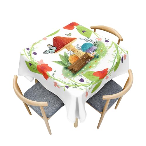 Fasbuy Tischdecke Abwaschbar, 3D-Pilze Quadratisch TischdeckenTischtuch aus Polyester Wasserabweisend mit Lotuseffekt, Draußen Tischwäsche Tischtuchklammern (White,90x90cm) von Fasbuy