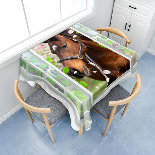Fasbuy Tischdecke Abwaschbar, Quadratisch TischdeckenTischtuch aus Polyester Wasserabweisend mit Lotuseffekt, Draußen Tischwäsche Tischtuchklammern, 3D Fenster (Pferd,60x60cm) von Fasbuy