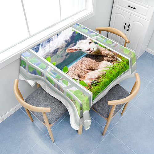 Fasbuy Tischdecke Abwaschbar, Quadratisch TischdeckenTischtuch aus Polyester Wasserabweisend mit Lotuseffekt, Draußen Tischwäsche Tischtuchklammern, 3D Fenster (Schaf,60x60cm) von Fasbuy