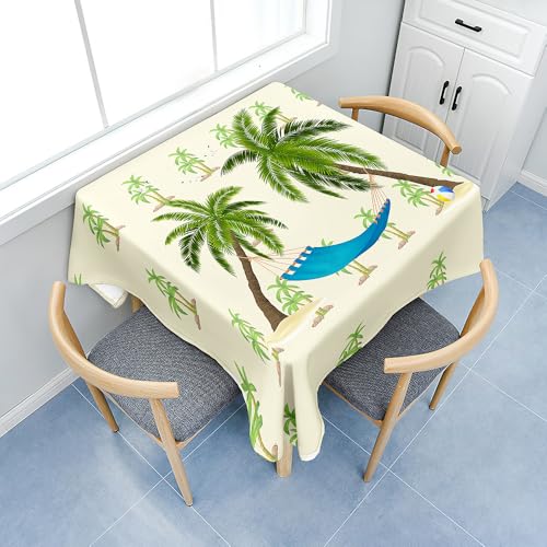 Fasbuy Tischdecke Abwaschbar, Quadratisch TischdeckenTischtuch aus Polyester Wasserabweisend mit Lotuseffekt, Draußen Tischwäsche Tischtuchklammern, 3D Kokospalmen (Beige,60x60cm) von Fasbuy