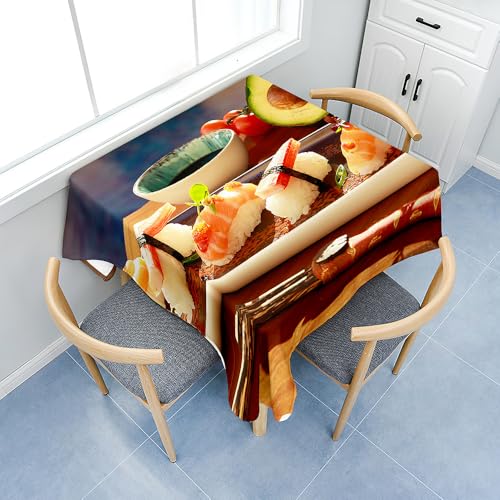 Fasbuy Tischdecke Abwaschbar, Quadratisch TischdeckenTischtuch aus Polyester Wasserabweisend mit Lotuseffekt, Draußen Tischwäsche Tischtuchklammern, 3D Sushi-Muster (Braun,80x80cm) von Fasbuy