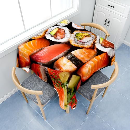 Fasbuy Tischdecke Abwaschbar, Quadratisch TischdeckenTischtuch aus Polyester Wasserabweisend mit Lotuseffekt, Draußen Tischwäsche Tischtuchklammern, 3D Sushi-Muster (Orange,80x80cm) von Fasbuy