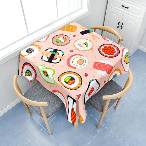 Fasbuy Tischdecke Abwaschbar, Quadratisch TischdeckenTischtuch aus Polyester Wasserabweisend mit Lotuseffekt, Draußen Tischwäsche Tischtuchklammern, 3D Sushi-Muster (Rosa,80x80cm) von Fasbuy