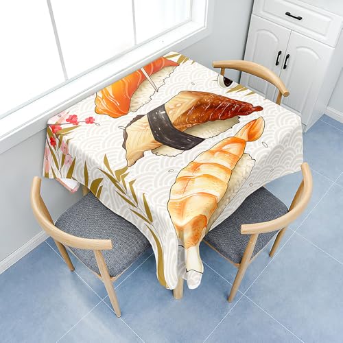 Fasbuy Tischdecke Abwaschbar, Quadratisch TischdeckenTischtuch aus Polyester Wasserabweisend mit Lotuseffekt, Draußen Tischwäsche Tischtuchklammern, 3D Sushi-Muster (Weiß,60x60cm) von Fasbuy