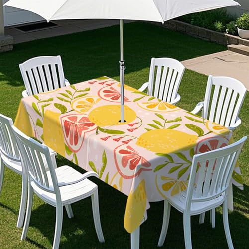 Fasbuy Tischdecke Abwaschbar Outdoor, Rechteckige Tischdecken mit Schirmloch und Reißverschluss, Früchte Drucke Gartentischdecke Geburtstag, Tischtuch für Garten Party (Rosa Zitrone,300x150cm) von Fasbuy
