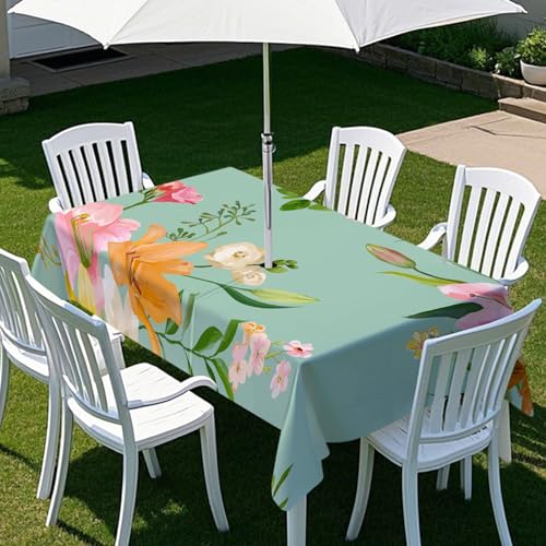 Fasbuy Tischdecke Abwaschbar Outdoor, Rechteckige Tischdecken mit Schirmloch und Reißverschluss, Rosa Drucke Gartentischdecke Geburtstag, Tischtuch für Garten Party (Türkis,300x150cm) von Fasbuy