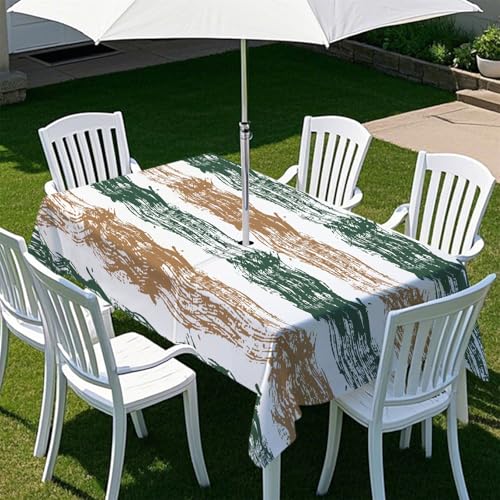 Fasbuy Tischdecke Abwaschbar Outdoor, Rechteckige Tischdecken mit Schirmloch und Reißverschluss, Streifen Drucke Gartentischdecke Geburtstag, Tischtuch für Garten Party (Grün-Kamel,300x150cm) von Fasbuy