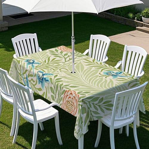 Fasbuy Tischdecke Abwaschbar Outdoor, Rechteckige Tischdecken mit Schirmloch und Reißverschluss, Vogel Blume Drucke Gartentischdecke Geburtstag, Tischtuch für Garten Party (Grün,300x150cm) von Fasbuy