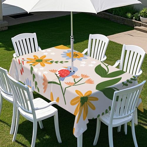 Fasbuy Tischdecke Abwaschbar Outdoor, Rechteckige Tischdecken mit Schirmloch und Reißverschluss, Vogel Blume Drucke Gartentischdecke Geburtstag, Tischtuch für Garten Party (Rosa,300x150cm) von Fasbuy