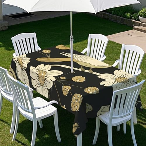 Fasbuy Tischdecke Abwaschbar Outdoor, Rechteckige Tischdecken mit Schirmloch und Reißverschluss, Vogel Blume Drucke Gartentischdecke Geburtstag, Tischtuch für Garten Party (Schwarz,300x150cm) von Fasbuy