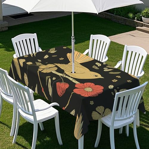 Fasbuy Tischdecke Abwaschbar Outdoor, Rechteckige Tischdecken mit Schirmloch und Reißverschluss, Vogel Blume Drucke Gartentischdecke Geburtstag, Tischtuch für Garten Party (Schwarz 3,300x150cm) von Fasbuy
