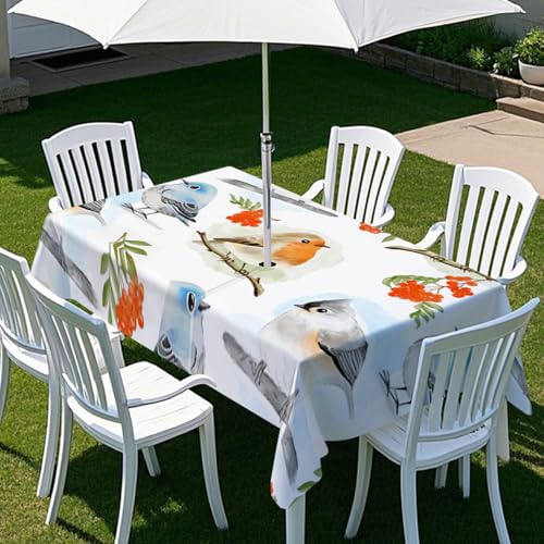 Fasbuy Tischdecke Abwaschbar Outdoor, Rechteckige Tischdecken mit Schirmloch und Reißverschluss, Vogel Blume Drucke Gartentischdecke Geburtstag, Tischtuch für Garten Party (Weiß 2,300x150cm) von Fasbuy