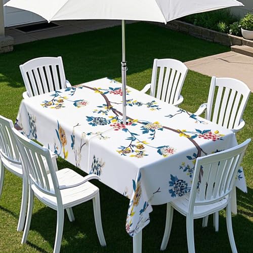 Fasbuy Tischdecke Abwaschbar Outdoor, Rechteckige Tischdecken mit Schirmloch und Reißverschluss, Vogel Blume Drucke Gartentischdecke Geburtstag, Tischtuch für Garten Party (Weiß 3,300x150cm) von Fasbuy