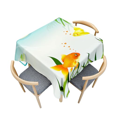 Fasbuy Tischdecke Abwaschbar Quadratisch, 3D Goldfisch Muster Tischdecke Lotuseffekt Schmutzabweisend Tisch Decken Tischtuch Tischwäsche Modern Mitteldecke, 4 Klammer (Goldfisch,80x80cm) von Fasbuy