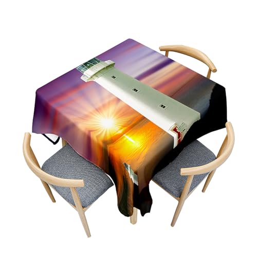 Fasbuy Tischdecke Abwaschbar Quadratisch, 3D Leuchtturm Muster Tischdecke Lotuseffekt Schmutzabweisend Tisch Decken Tischtuch Tischwäsche Modern Mitteldecke Abwaschbar (Sonnenaufgang,80x80cm) von Fasbuy