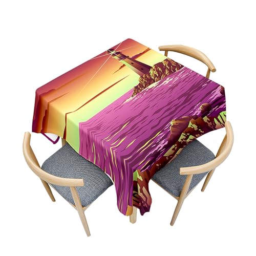 Fasbuy Tischdecke Abwaschbar Quadratisch, 3D Leuchtturm Muster Tischdecke Lotuseffekt Schmutzabweisend Tisch Decken Tischtuch Tischwäsche Modern Mitteldecke Abwaschbar (Sonnenuntergang,80x80cm) von Fasbuy