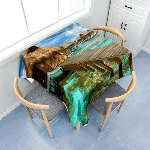 Fasbuy Tischdecke Abwaschbar Quadratisch, 3D Meereswellen Muster Tischdecke Lotuseffekt Schmutzabweisend Tisch Decken Tischtuch Tischwäsche Modern Mitteldecke, 4 Klammer (Holzbrücke,80x80cm) von Fasbuy