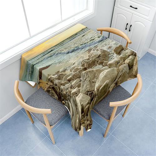 Fasbuy Tischdecke Abwaschbar Quadratisch, 3D Meereswellen Muster Tischdecke Lotuseffekt Schmutzabweisend Tisch Decken Tischtuch Tischwäsche Modern Mitteldecke, 4 Klammer (Sandstrand,80x80cm) von Fasbuy