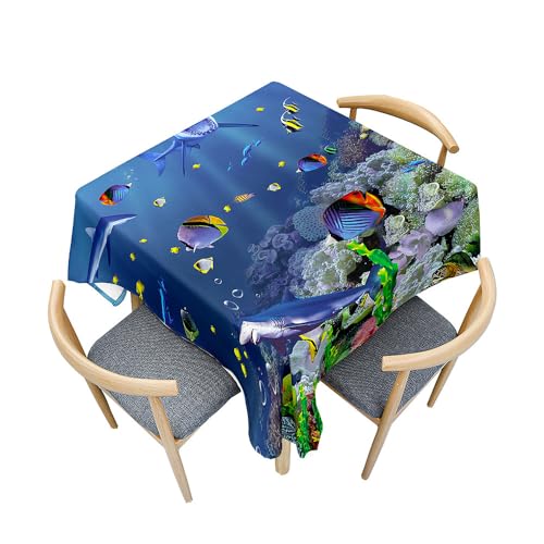 Fasbuy Tischdecke Abwaschbar Quadratisch Tischdecken, 3D-Hai Tischtuch aus Polyester Wasserabweisend mit Lotuseffekt, Draußen Tischwäsche für Küche Wohnzimmer Esszimmer (Blau,100x100cm) von Fasbuy
