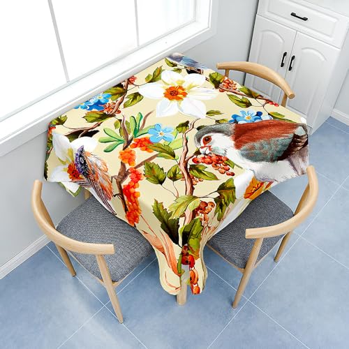 Fasbuy Tischdecke Abwaschbar Quadratisch Tischdecken mit Tischtuchklammern, Tischtuch aus Polyester mit Lotuseffekt, Vogel Baum Drucken Tischwäsche für Küche (Beige,120x120cm) von Fasbuy