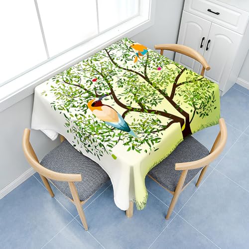 Fasbuy Tischdecke Abwaschbar Quadratisch Tischdecken mit Tischtuchklammern, Tischtuch aus Polyester mit Lotuseffekt, Vogel Baum Drucken Tischwäsche für Küche (Grün,200x200cm) von Fasbuy