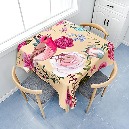 Fasbuy Tischdecke Abwaschbar Quadratisch Tischdecken mit Tischtuchklammern, Tischtuch aus Polyester mit Lotuseffekt, Vogel Baum Drucken Tischwäsche für Küche (Rose,100x100cm) von Fasbuy