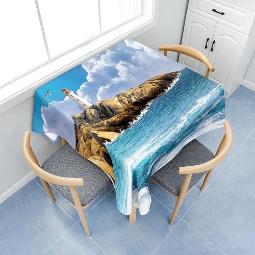 Fasbuy Tischdecke Abwaschbar mit Tischtuchklammern Quadratisch Tischdecken, Tischtuch aus Polyester mit Lotuseffekt, Leuchtturm Drucken Tischwäsche für Küche (Blauer Ozean,80x80cm) von Fasbuy
