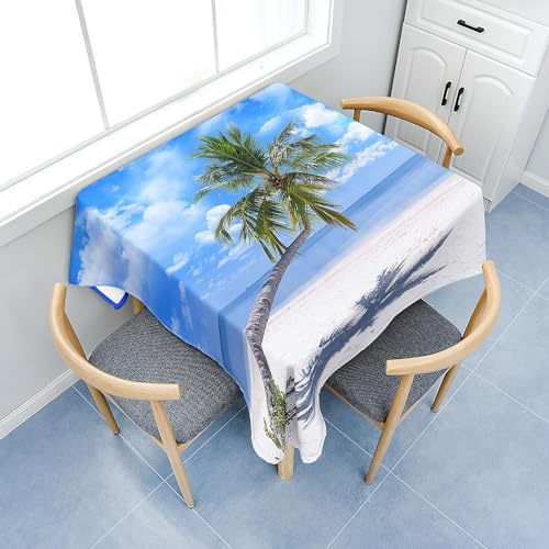 Fasbuy Tischdecke Abwaschbar mit Tischtuchklammern Quadratisch Tischdecken, Tischtuch aus Polyester mit Lotuseffekt, Strand Kokospalmen Drucken Tischwäsche für Küche (Strand,60x60cm) von Fasbuy