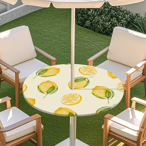 Fasbuy Zitronendruck Rund Tischdecke mit Loch Zipper, Abwaschbar Lotuseffekt Tischdecken, Outdoor Tischdecke, Elastisch Rund Gartentischdecke, Table Cloth für Garten, Parteien (Beige,M:91-112cm) von Fasbuy